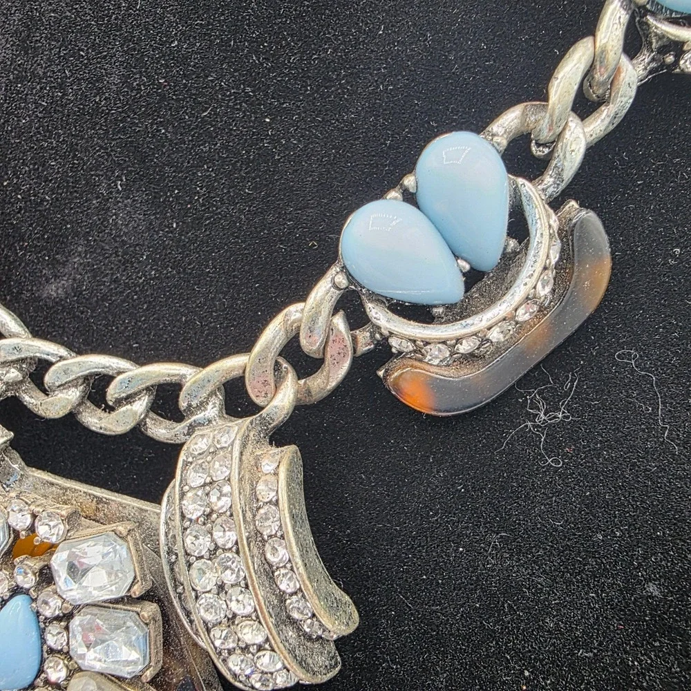 Antique Silver‎ Statement Necklace Link Chain Lobster Multicolor Rhinestone 25